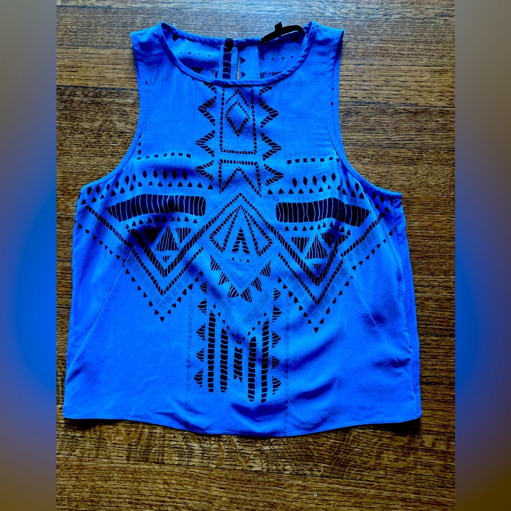 Tibi Cobalt Blue Silk “tribal” print short top. Size 2